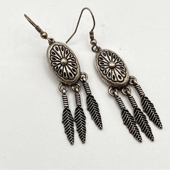 South American Navajo Style Concho Feather Dangle Earrings - Picture 2 of 6